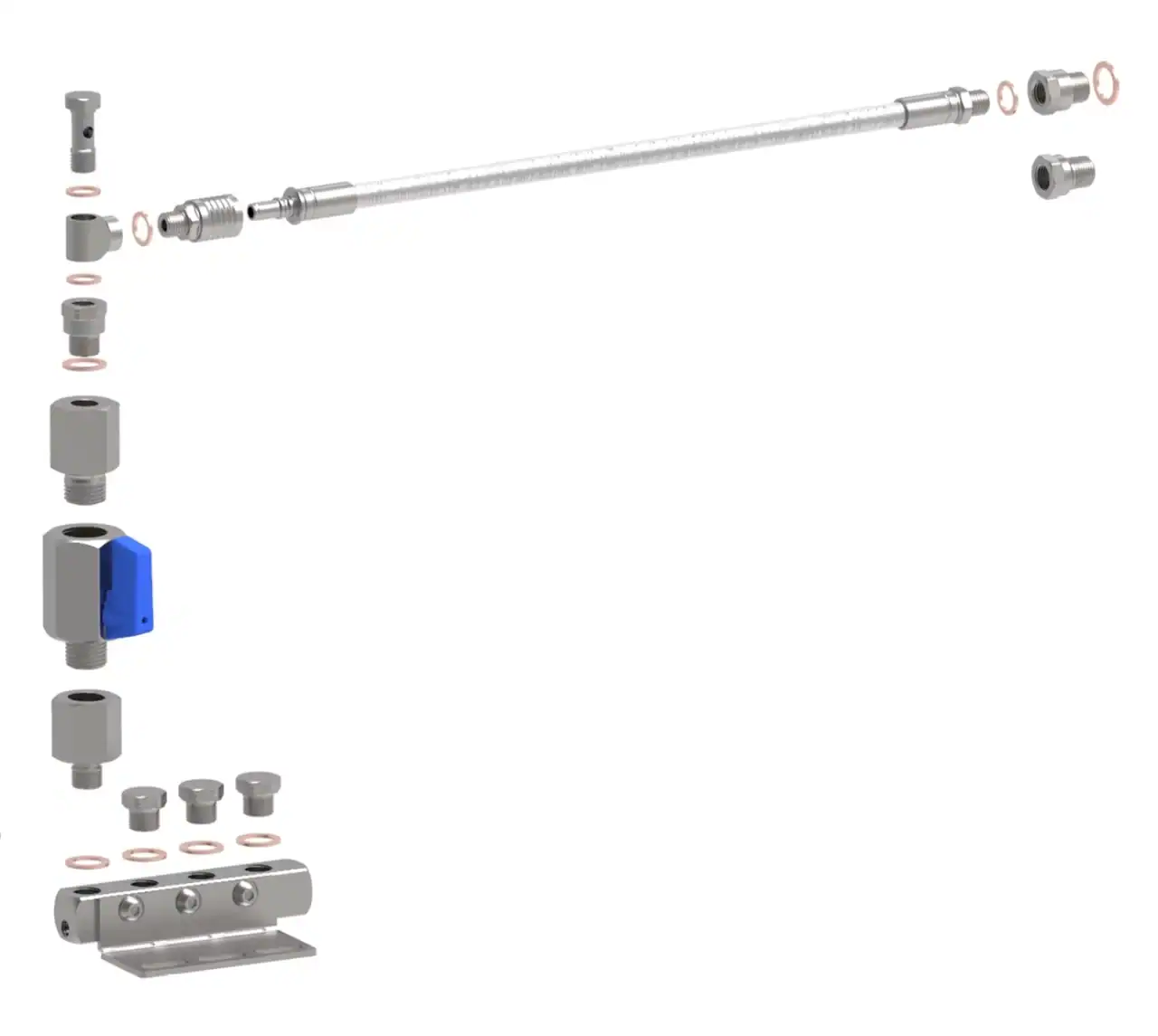 Exploded view of metal hose components assembly.