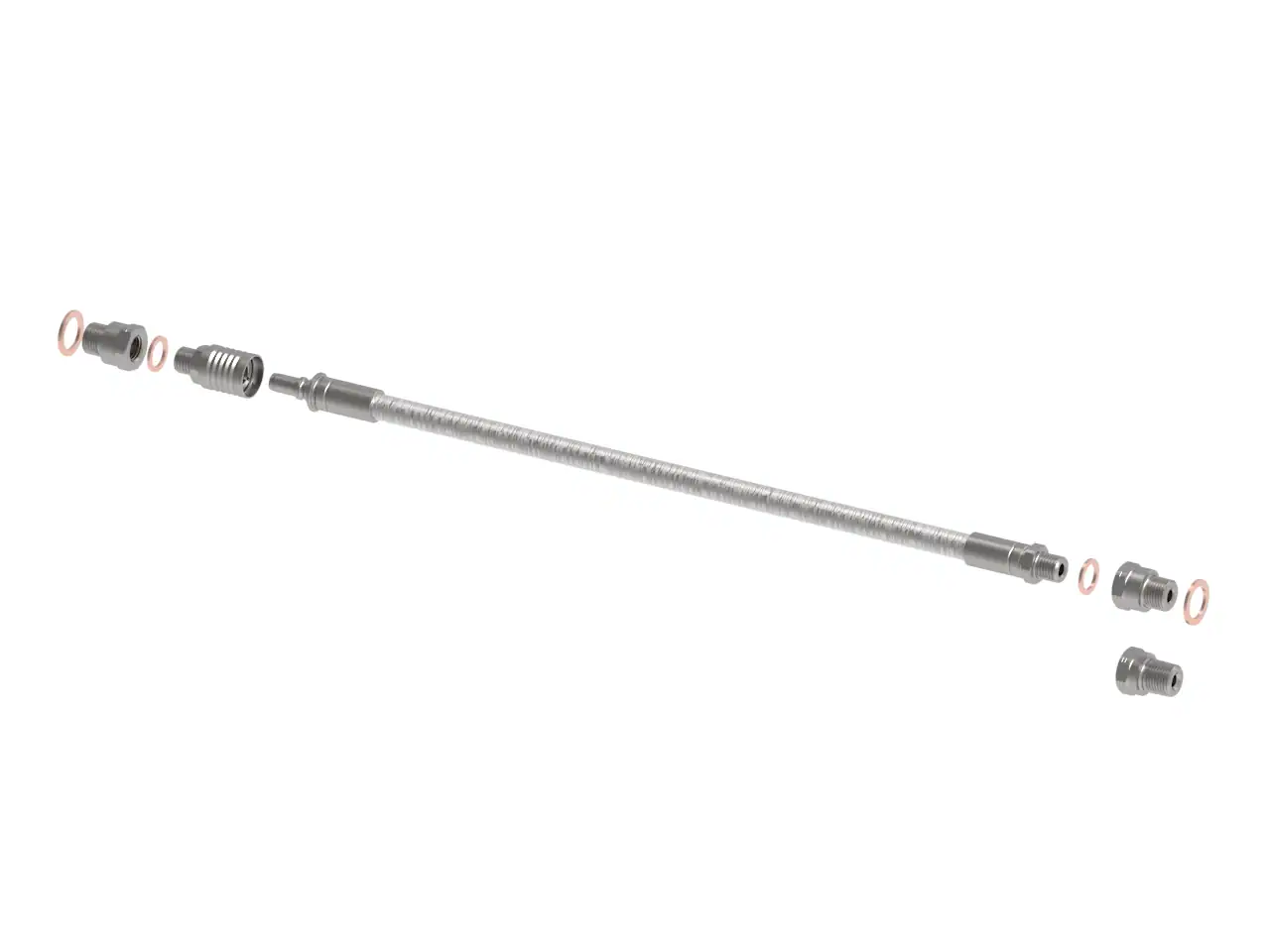 mi sk 92 00 l102..305 Metallic pipe with connectors and washers, isolated.