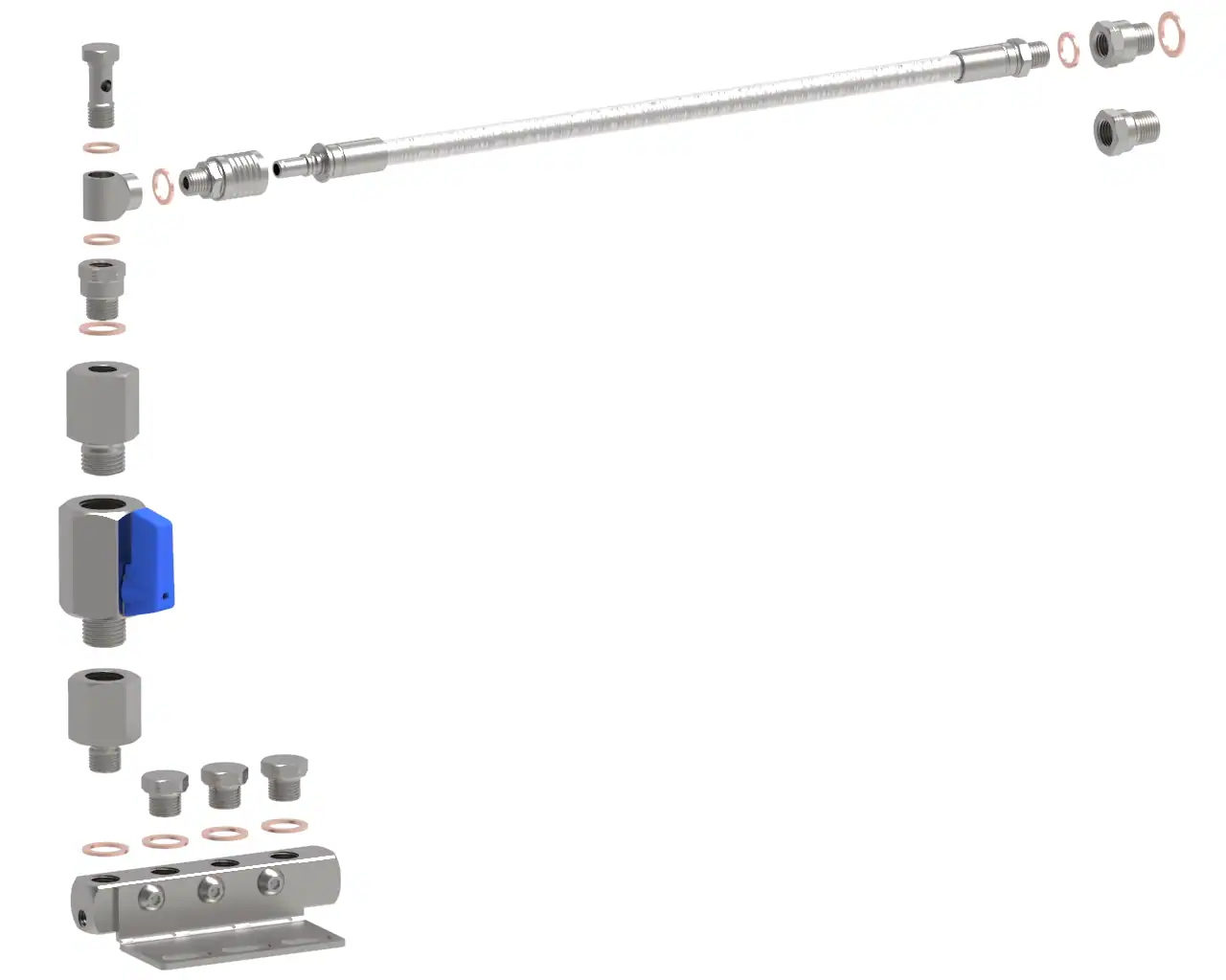 Exploded hydraulic fitting assembly with components.