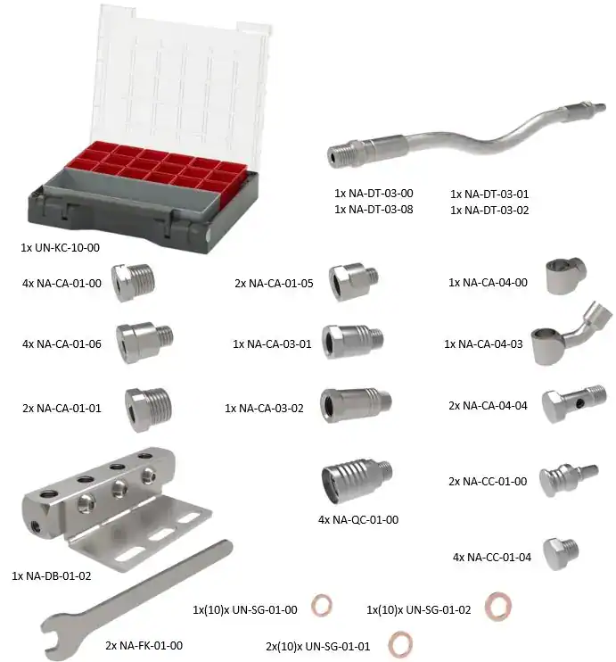 Assorted hydraulic fittings and tools kit.