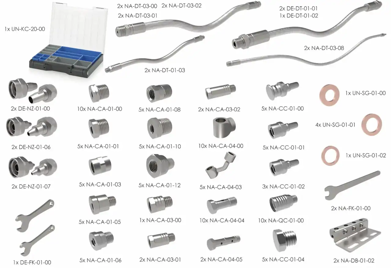 Assorted metal fittings and connectors with identification labels.